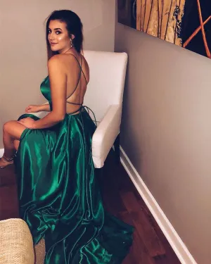 Sexy Dark Green Prom Dresses with Criss-Cross Straps Fashion Slit Evening Gowns 2018 Long