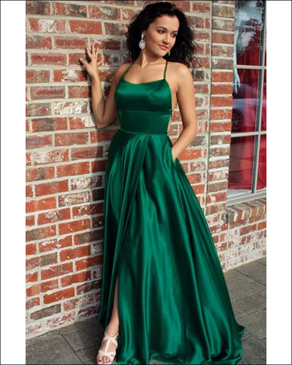 Sexy Dark Green Prom Dresses with Criss-Cross Straps Fashion Slit Evening Gowns 2018 Long