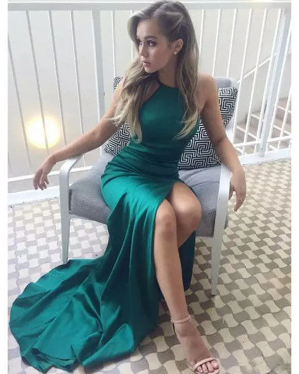 Sexy Dark Green Prom Dresses with Criss-Cross Straps Fashion Slit Evening Gowns 2018 Long