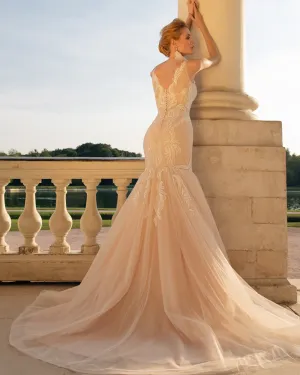Sexy Mermaid Wedding Dresses Lace Appliques Tulle V-Neck Long Bridal Gowns Outdoors