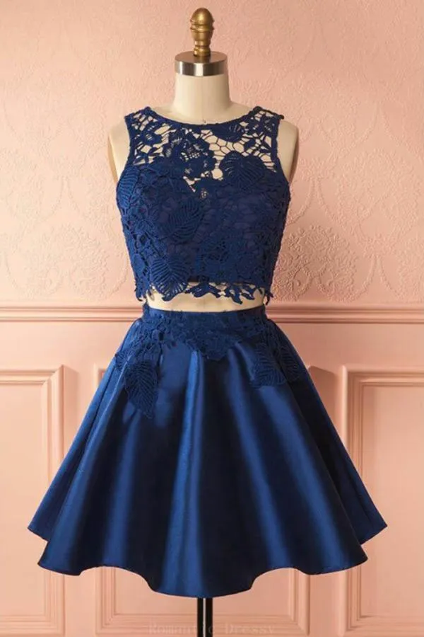Sexy Two Pieces Navy Blue Illusion Lace Cheap Short Homecoming Dresses 2018, BDY0340