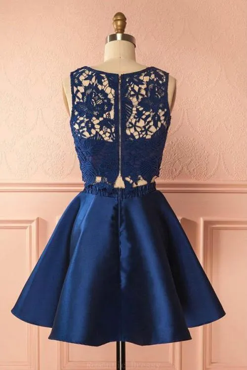 Sexy Two Pieces Navy Blue Illusion Lace Cheap Short Homecoming Dresses 2018, BDY0340