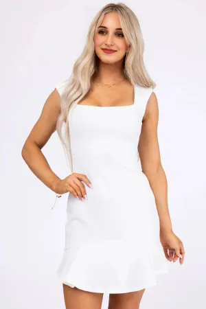 She Sky White Shoulder Pad Square Neck Ruffle Dress
