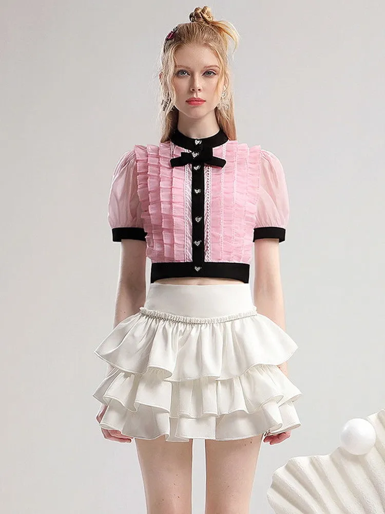Short Ciffon Ribbon Frill Nichi Feminine Sweet Blouse