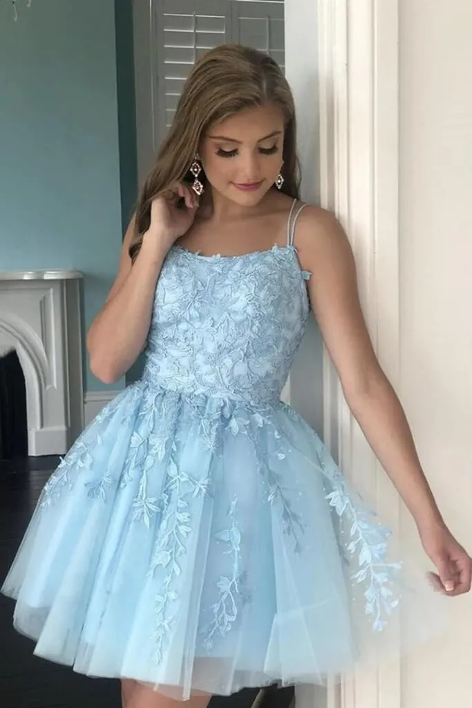 Short Dama Dress Light Blue Lace Homecoming Dresses Mini Prom Dress A Line