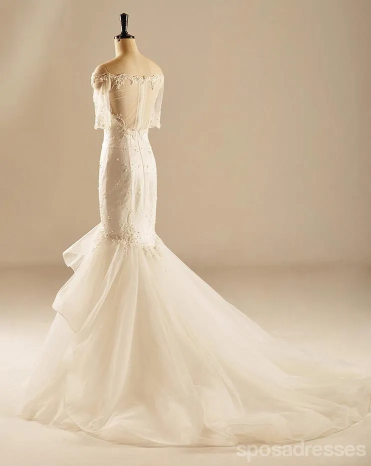 Short Sleeve Mermaid See Through Back Lace Wedding Dresses, Custom Made Wedding Dresses, Cheap Wedding Bridal Gowns, WD223