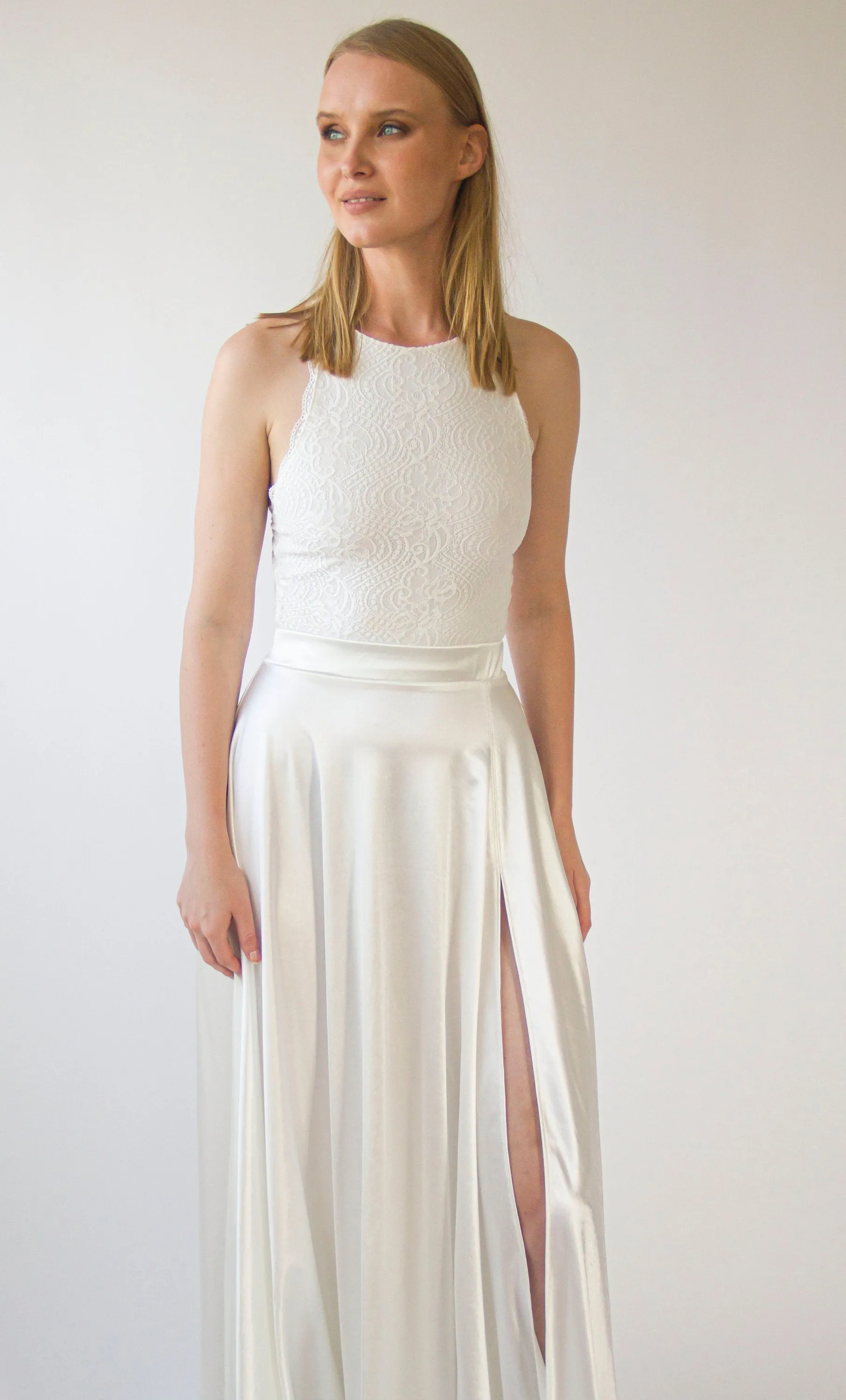 Silky Wedding Maxi Skirt Bridal Satin Long Skirt,  Minimalist wedding skirt with a slit #3040