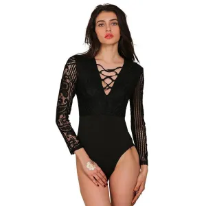 Simplee Apparel Chic lace up long sleeve bodysuit Women tops v neck white blouse Autumn renda blusas OL jumpsuit rompers