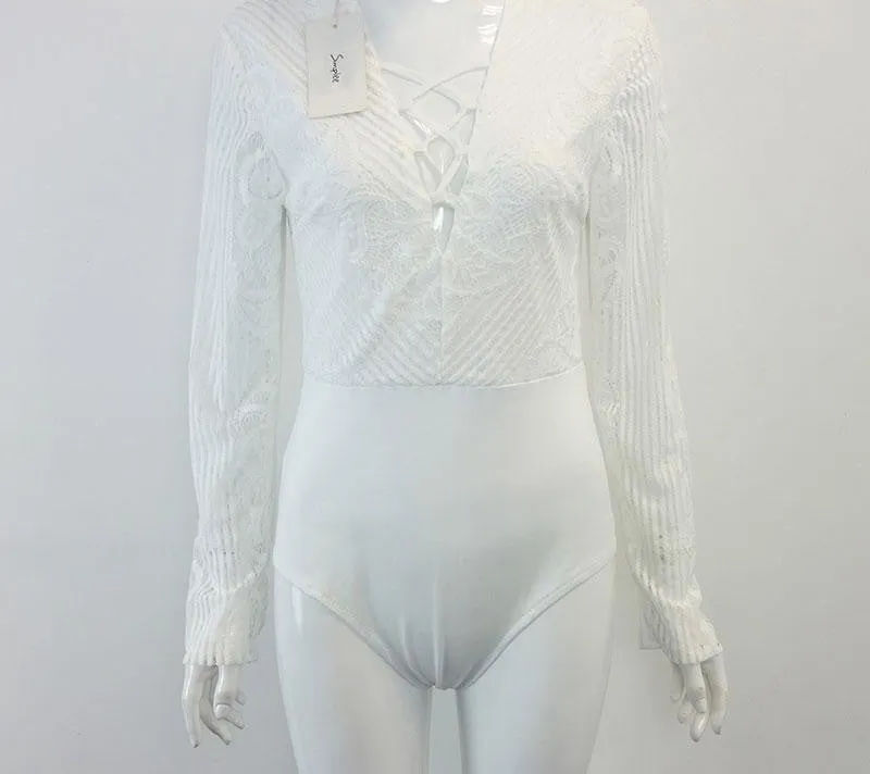 Simplee Apparel Chic lace up long sleeve bodysuit Women tops v neck white blouse Autumn renda blusas OL jumpsuit rompers