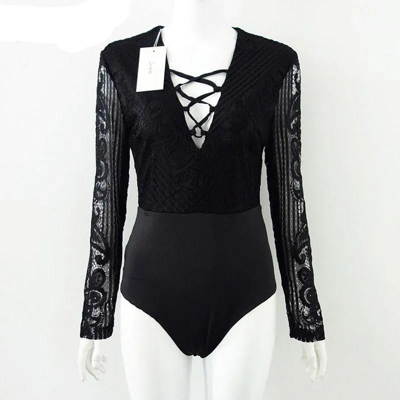 Simplee Apparel Chic lace up long sleeve bodysuit Women tops v neck white blouse Autumn renda blusas OL jumpsuit rompers