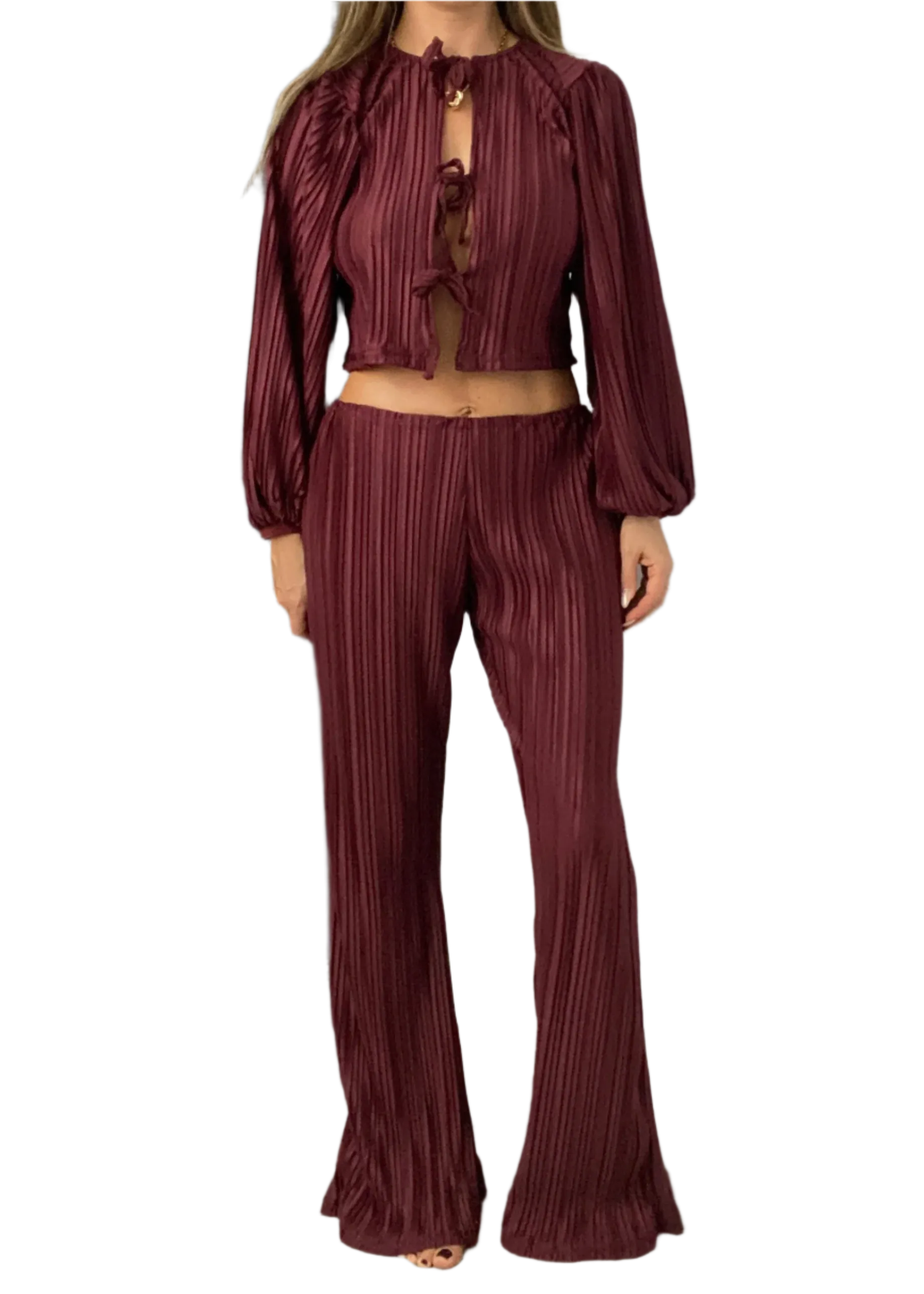 Skinny Waist Trousers in Burgundy Plisse