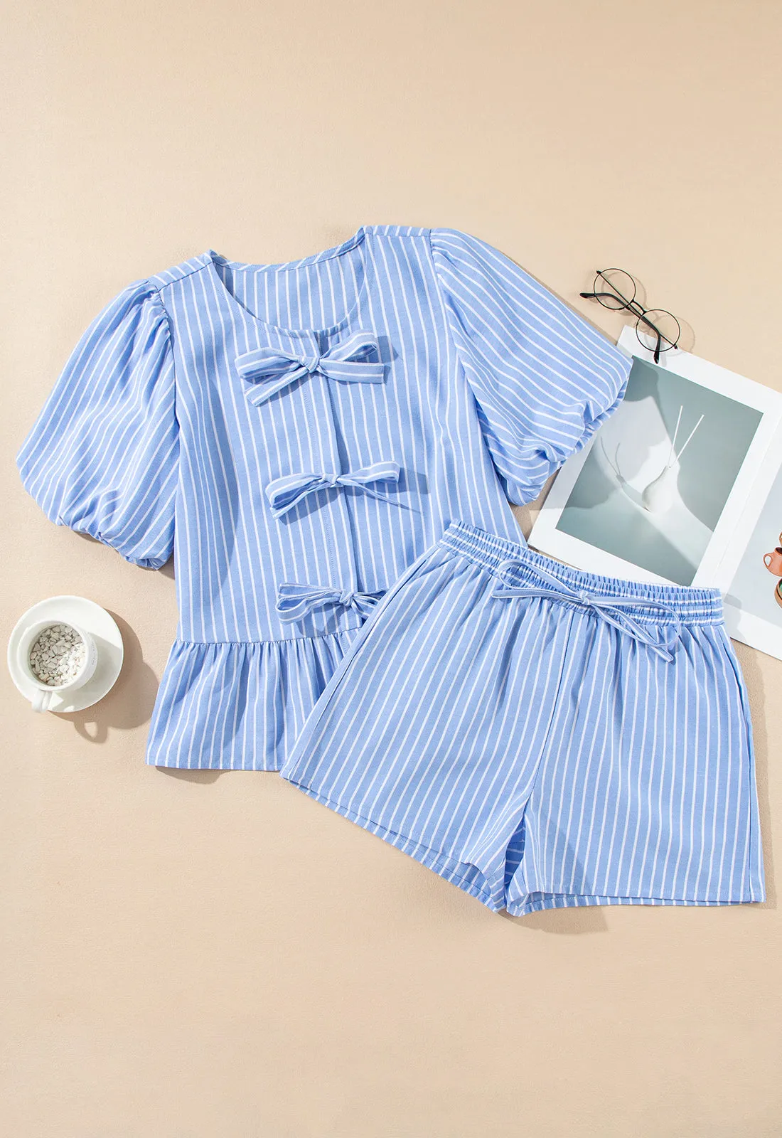 Sky Blue Striped Bowknot Detail Puffy Sleeve Top and Shorts 2Pcs Set
