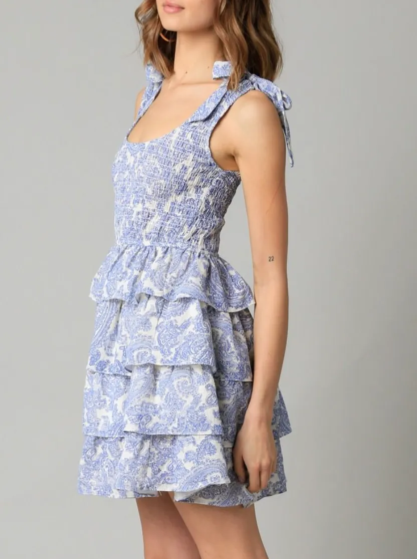 Smocked Bodice Layered Ruffle Mini Dress