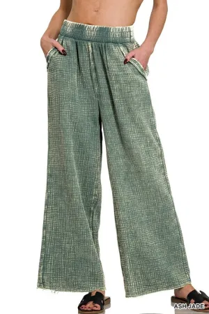 Soft Cotton Gauze Mineral Washed Palazzo Pants: Jade