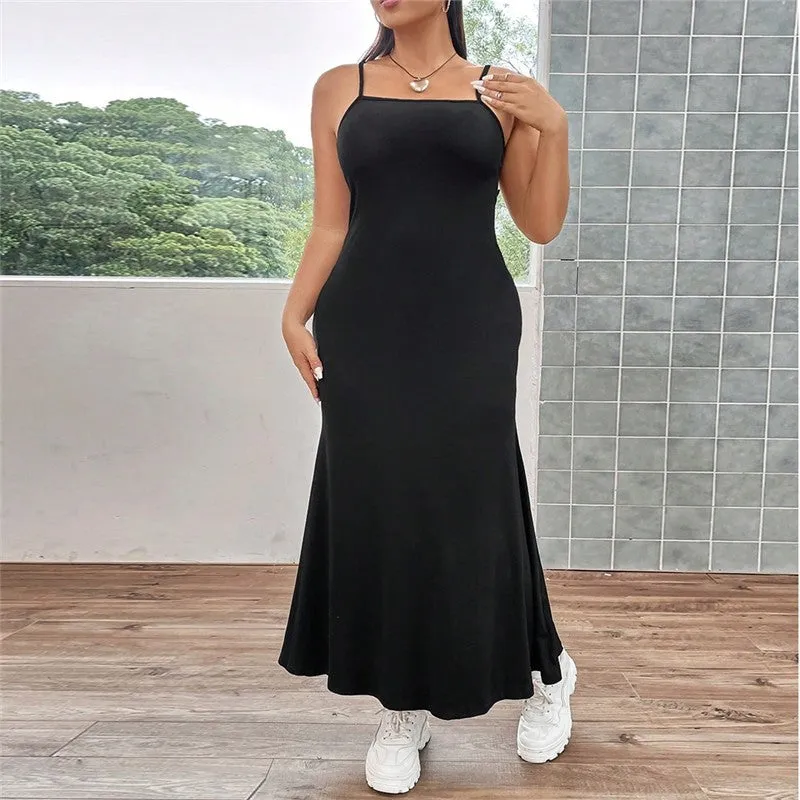 Solid Color Fish Tail Spaghetti Strap Maxi Dress
