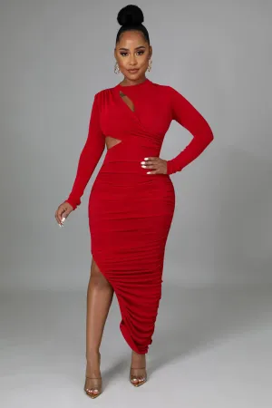 Solid Color Long Sleeve Cutout Ruched Bodycon Slit Maxi Dresses-Red