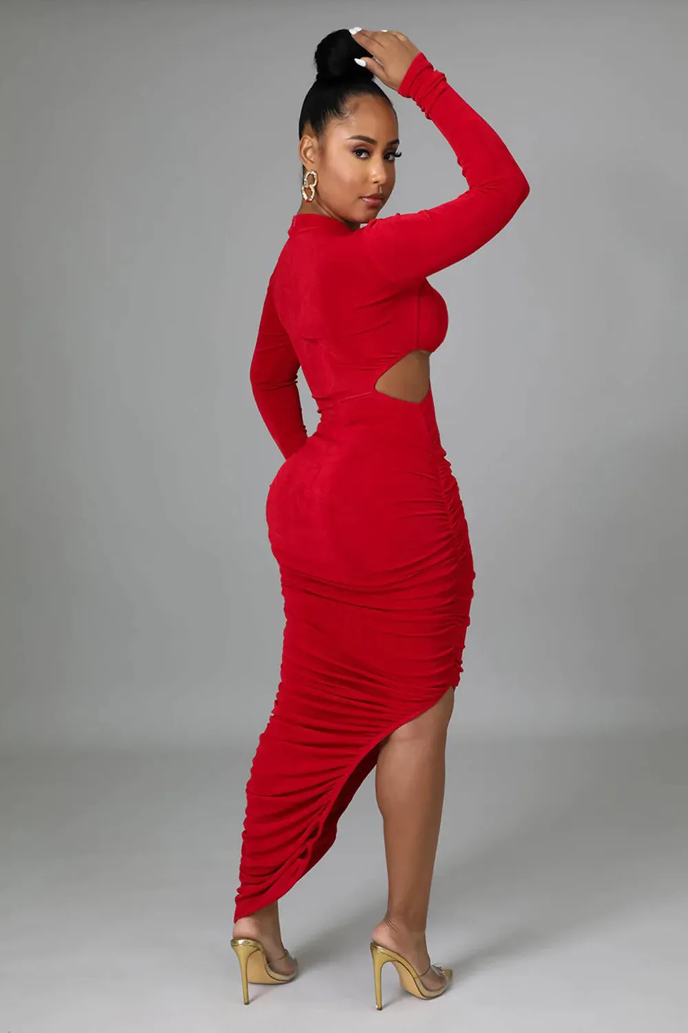Solid Color Long Sleeve Cutout Ruched Bodycon Slit Maxi Dresses-Red