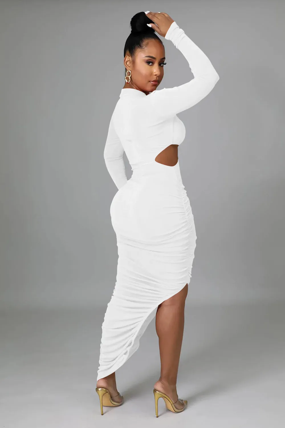 Solid Color Long Sleeve Cutout Ruched Bodycon Slit Maxi Dresses-Red