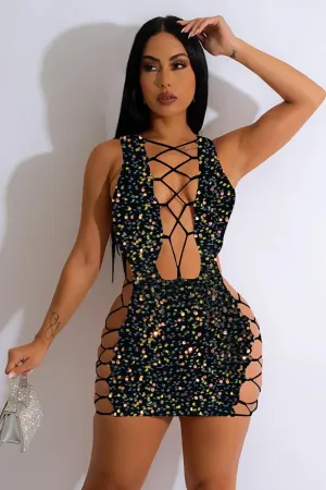 Sparkling Sequin Cutout Lace Up Bodycon Party Sleeveless Mini Dresses-Black