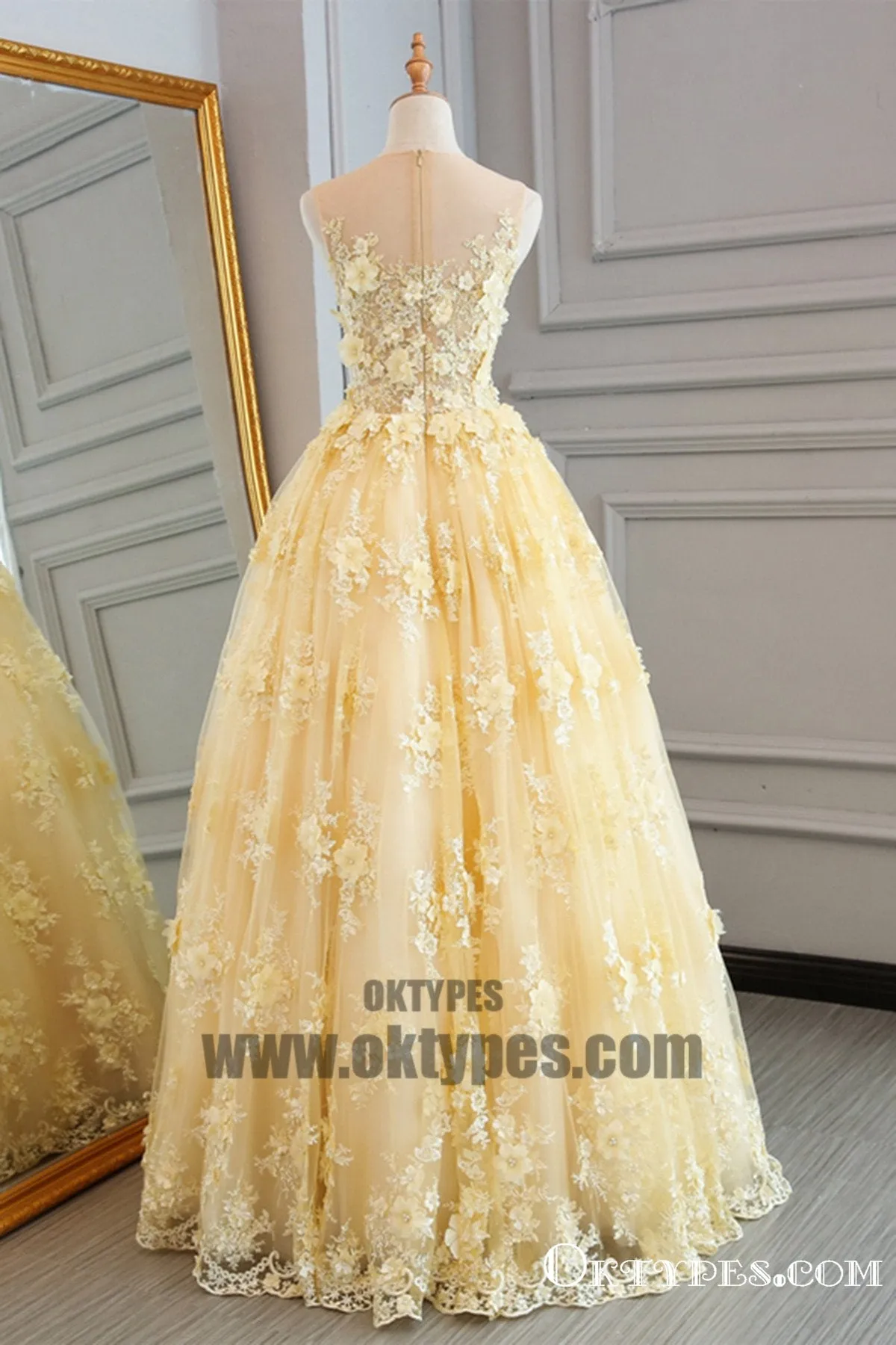 Spring Yellow Lace Customize Long A-line Senior Prom Dress, Long Lace Halter Evening Dress, TYP0455