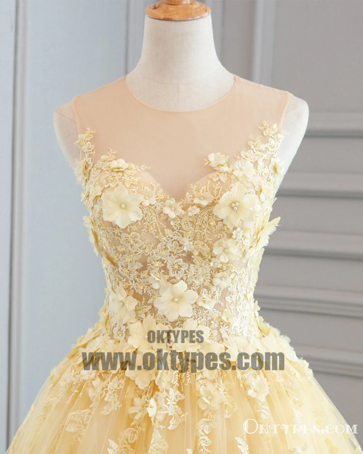 Spring Yellow Lace Customize Long A-line Senior Prom Dress, Long Lace Halter Evening Dress, TYP0455