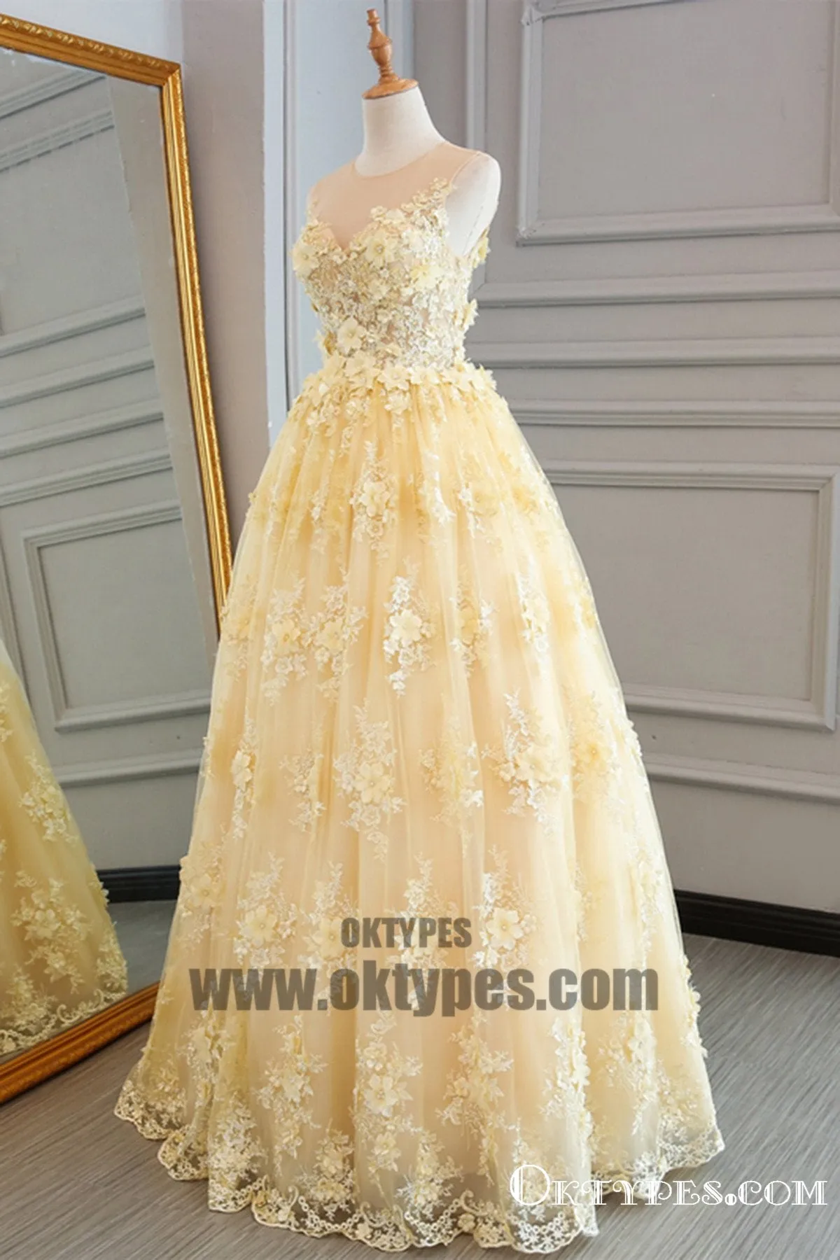 Spring Yellow Lace Customize Long A-line Senior Prom Dress, Long Lace Halter Evening Dress, TYP0455
