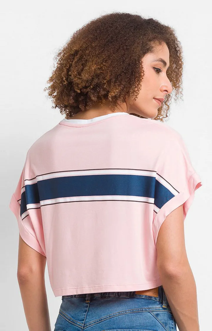 Spykar Baby Pink Cotton Blend Three-Fourth Sleeve Printed Casual T-Shirts For Women