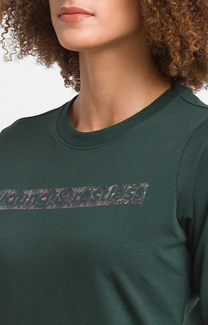 Spykar Bottle Green Blend Full Sleeve Round Neck Sweatshirts For Women