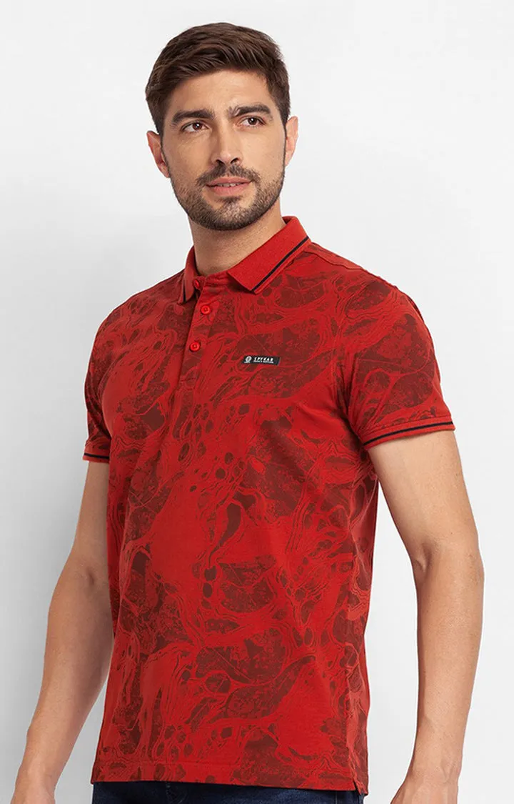 Spykar Brick Red Cotton Half Sleeve Printed Casual Polo T-Shirt For Men
