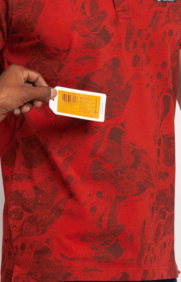 Spykar Brick Red Cotton Half Sleeve Printed Casual Polo T-Shirt For Men