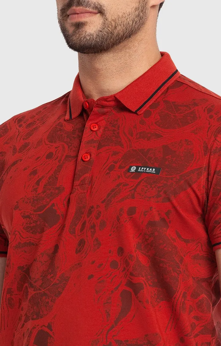 Spykar Brick Red Cotton Half Sleeve Printed Casual Polo T-Shirt For Men