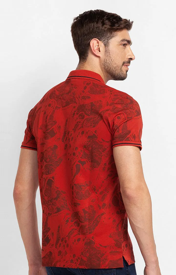 Spykar Brick Red Cotton Half Sleeve Printed Casual Polo T-Shirt For Men