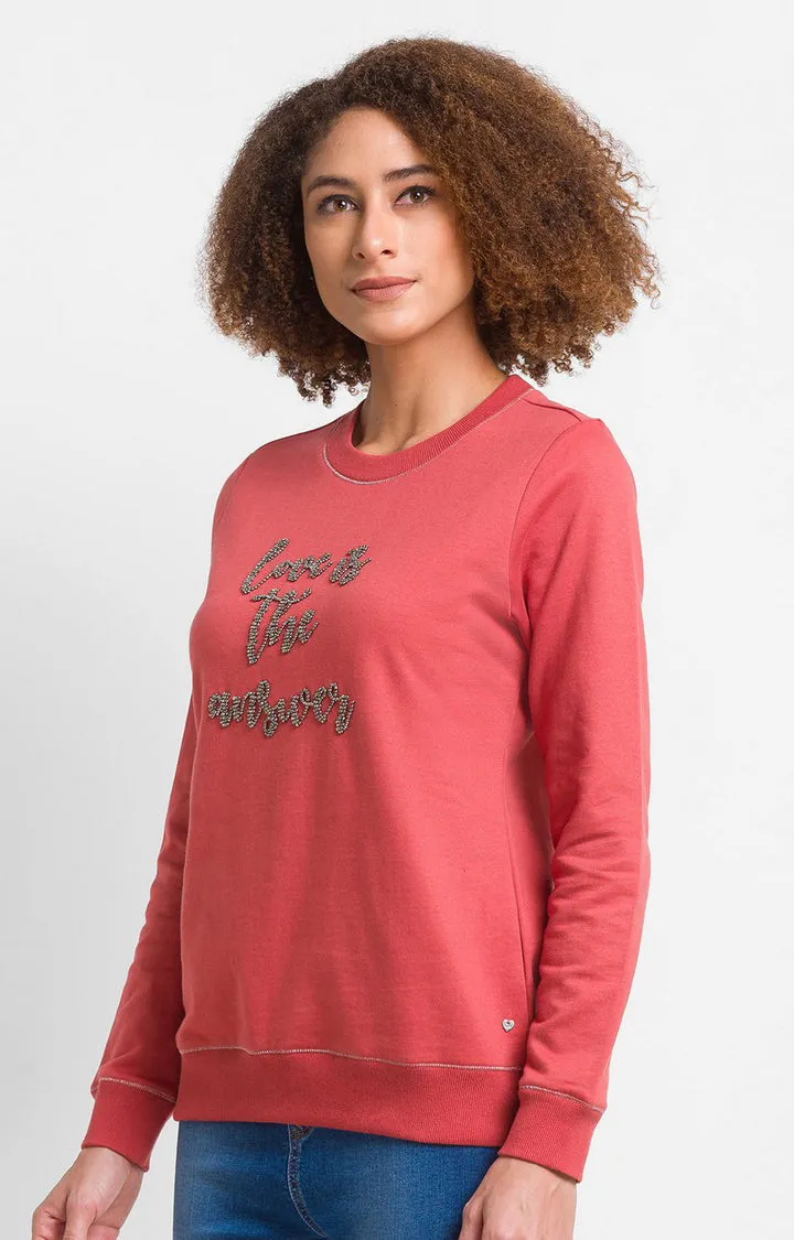 Spykar Burnt Orange Cotton Blend Full Sleeve Round Neck Sweatshirts For Women