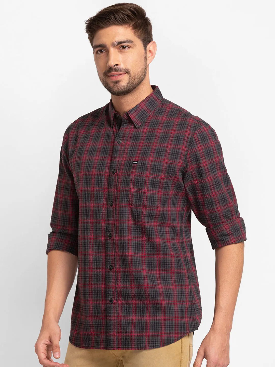 Spykar Dark Grey Cotton Full Sleeve Checks Shirt For Men