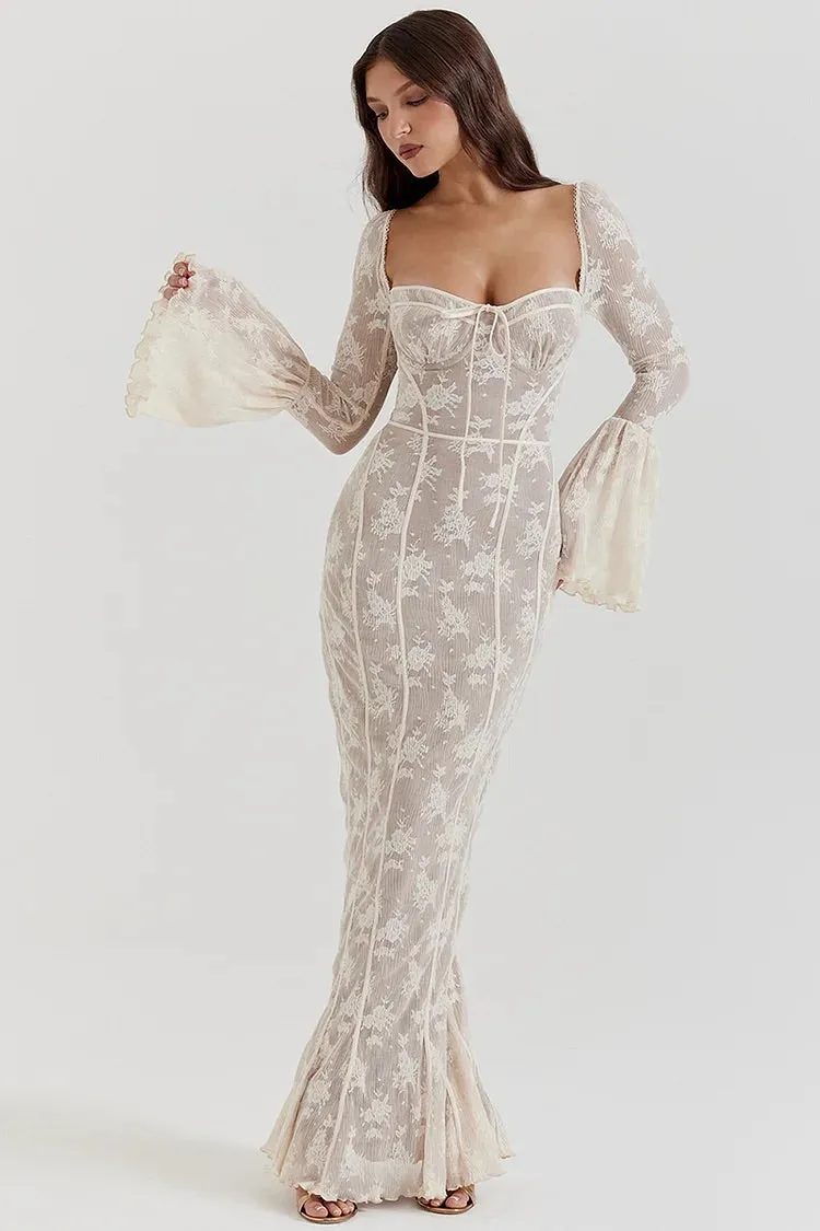 Square Neck Long Flare Sleeve Jacquard Fishtail Garden Party Maxi Dresses-White