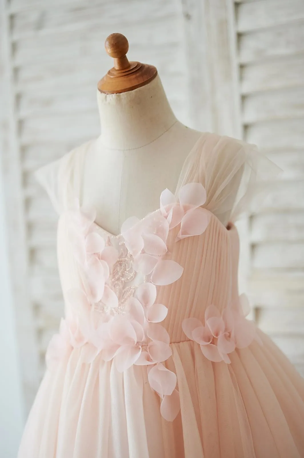 Strap Peach Lace Tulle Wedding Flower Girl Dress, Beading