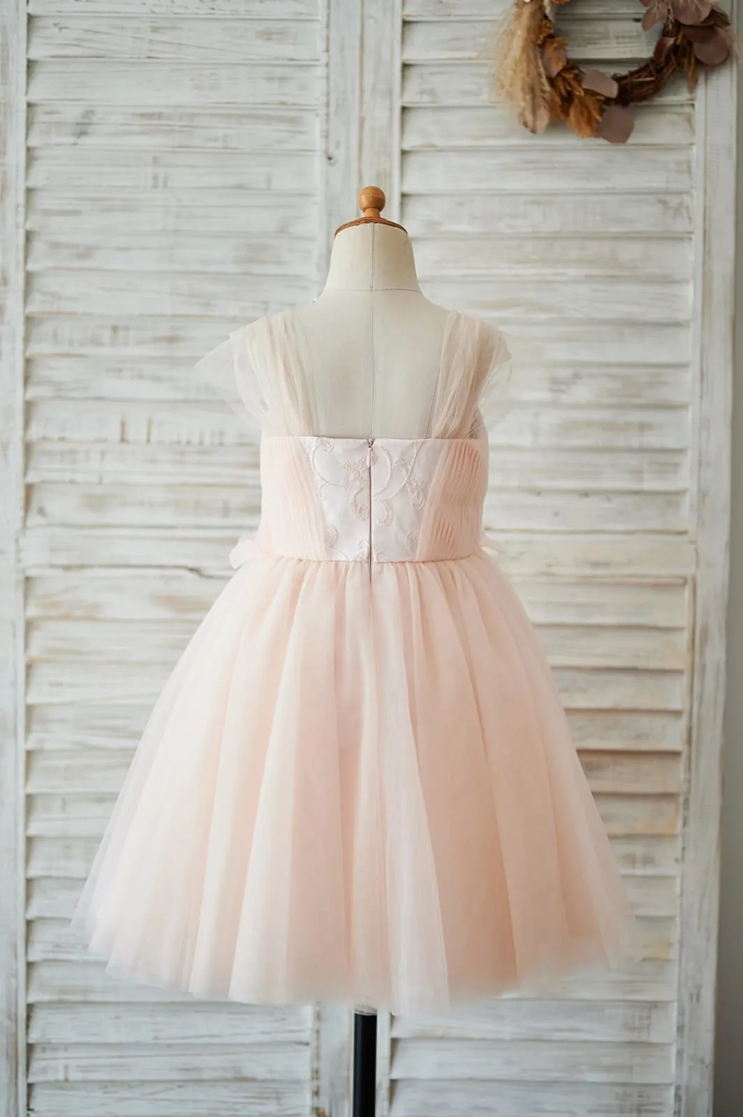 Strap Peach Lace Tulle Wedding Flower Girl Dress, Beading