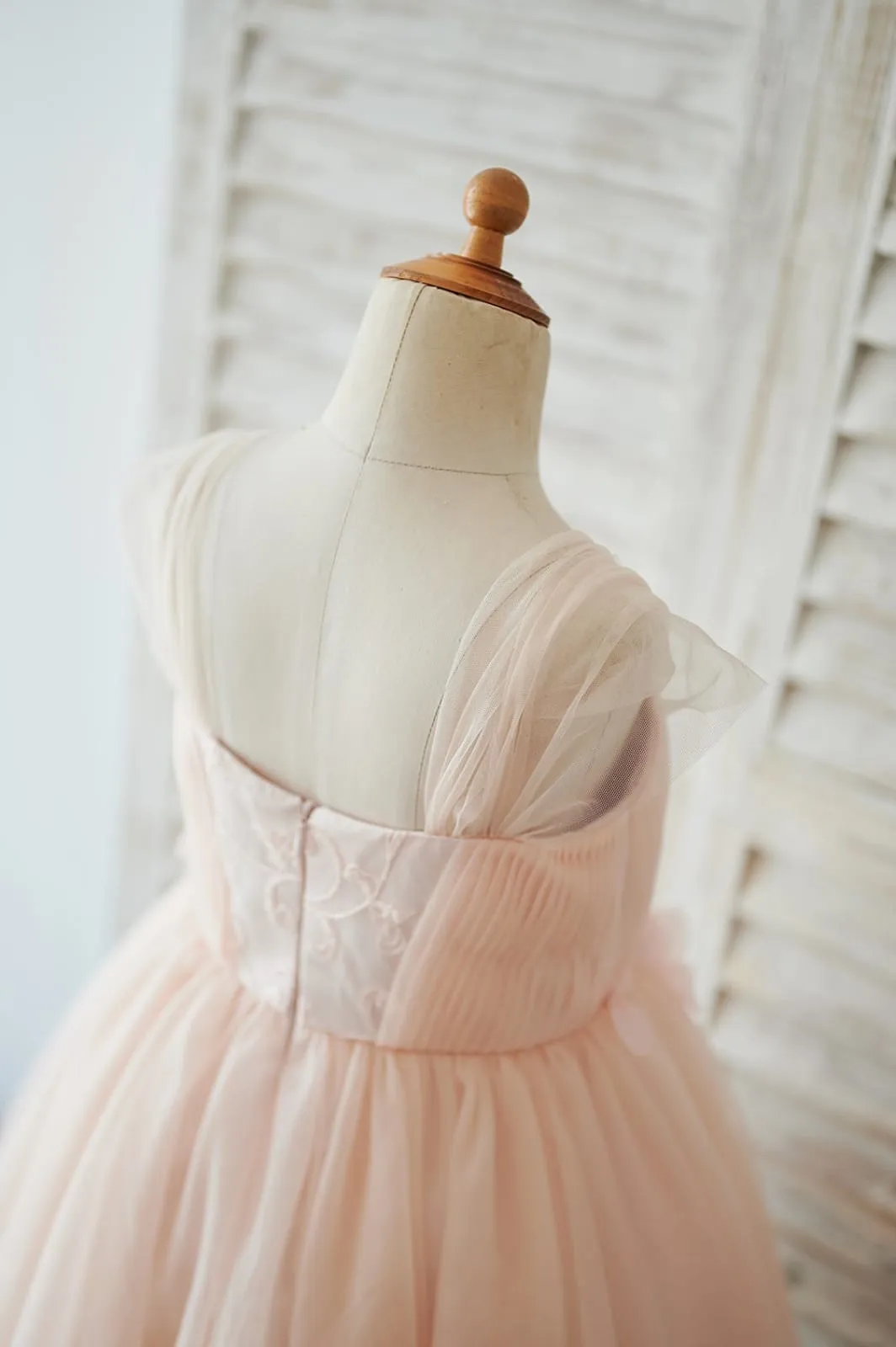 Strap Peach Lace Tulle Wedding Flower Girl Dress, Beading