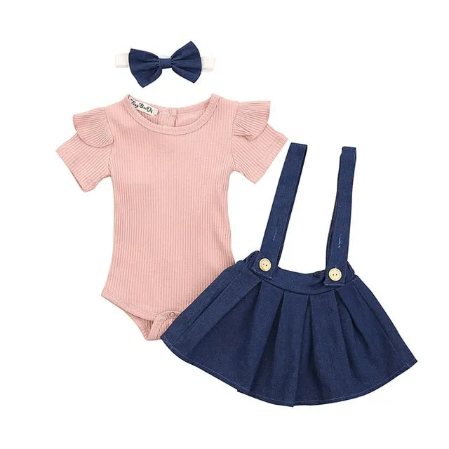 Summer Baby Girl Clothes Set Short Sleeve Romper Floral Dress Overalls 3Pcs Outfit for Toddler Newborn Infant Clothing