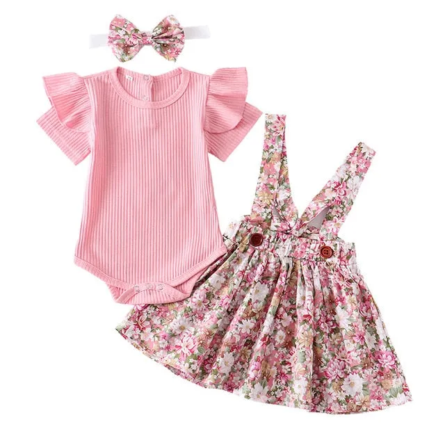 Summer Baby Girl Clothes Set Short Sleeve Romper Floral Dress Overalls 3Pcs Outfit for Toddler Newborn Infant Clothing