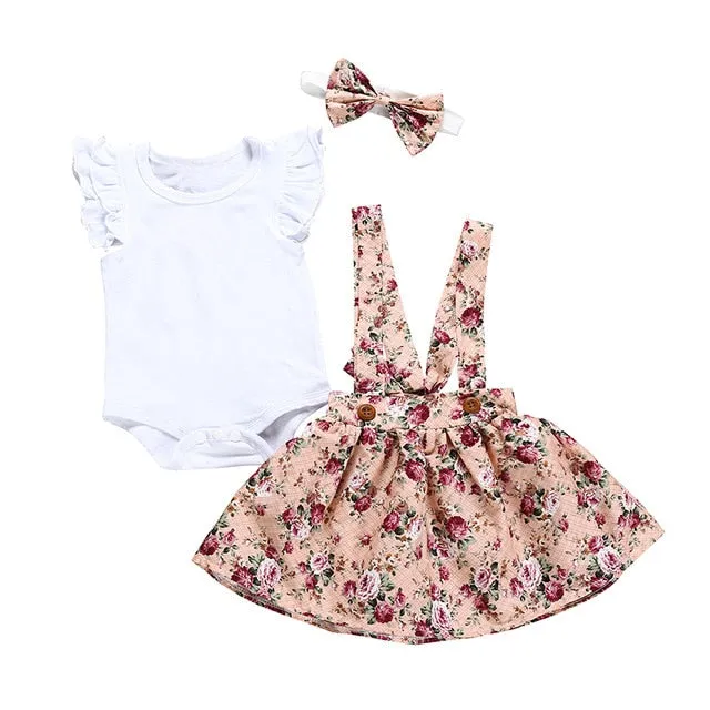 Summer Baby Girl Clothes Set Short Sleeve Romper Floral Dress Overalls 3Pcs Outfit for Toddler Newborn Infant Clothing
