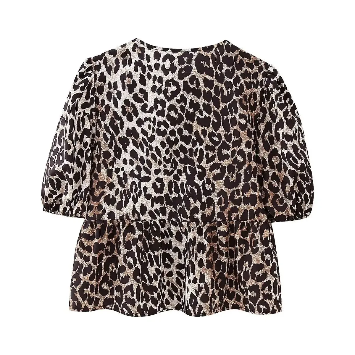 Summer Leopard Lace-up Blouse - Women's Puff Sleeve Crop Top