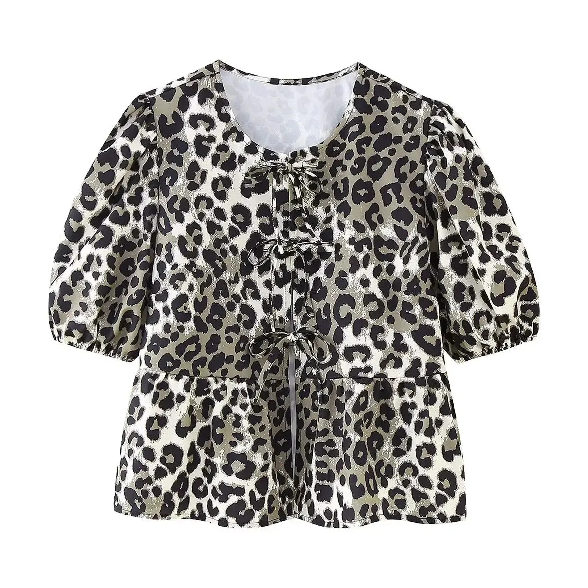 Summer Leopard Lace-up Blouse - Women's Puff Sleeve Crop Top