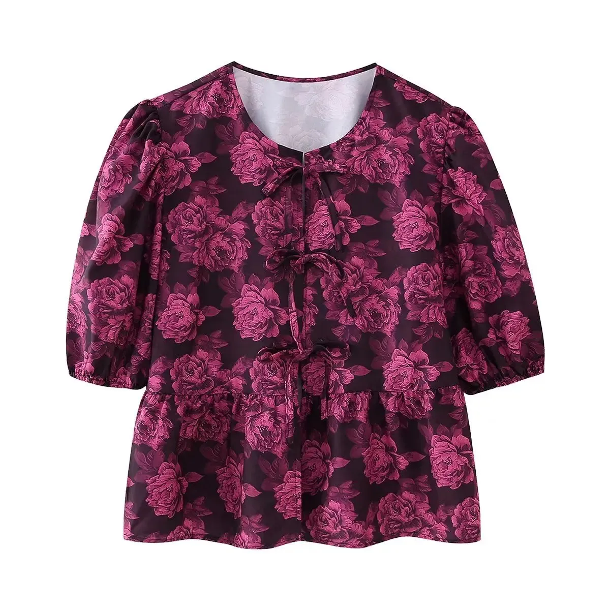 Summer Leopard Lace-up Blouse - Women's Puff Sleeve Crop Top