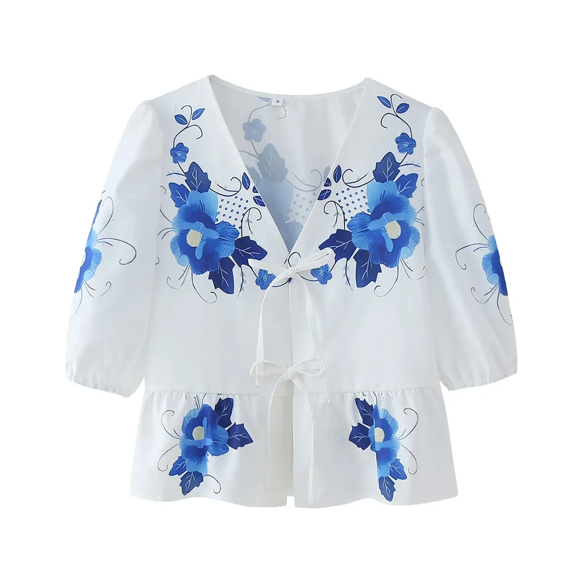 Summer Leopard Lace-up Blouse - Women's Puff Sleeve Crop Top