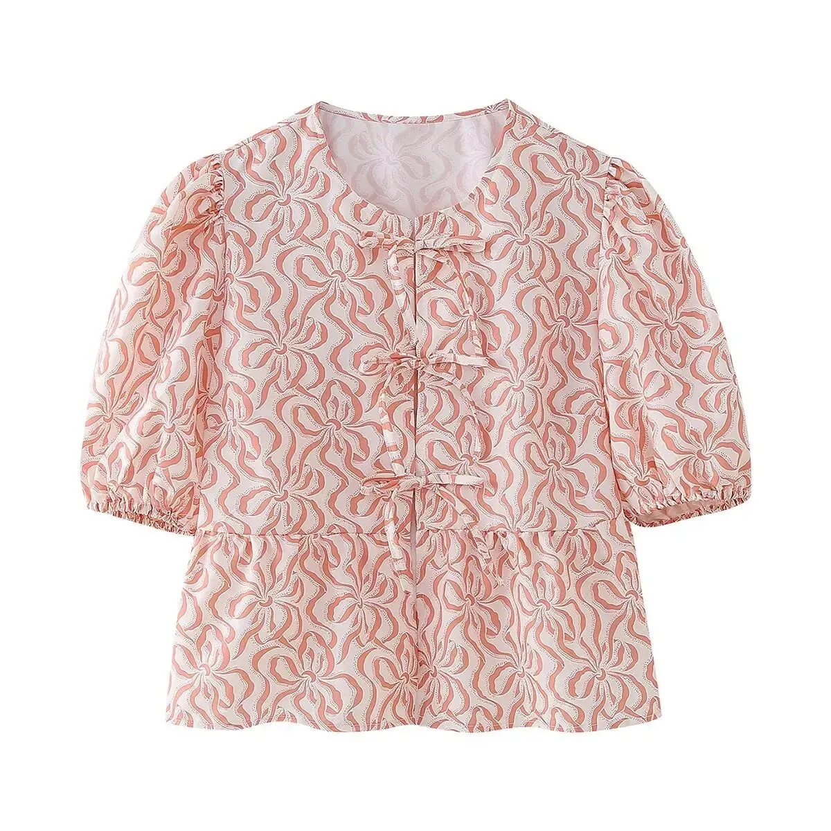Summer Leopard Lace-up Blouse - Women's Puff Sleeve Crop Top
