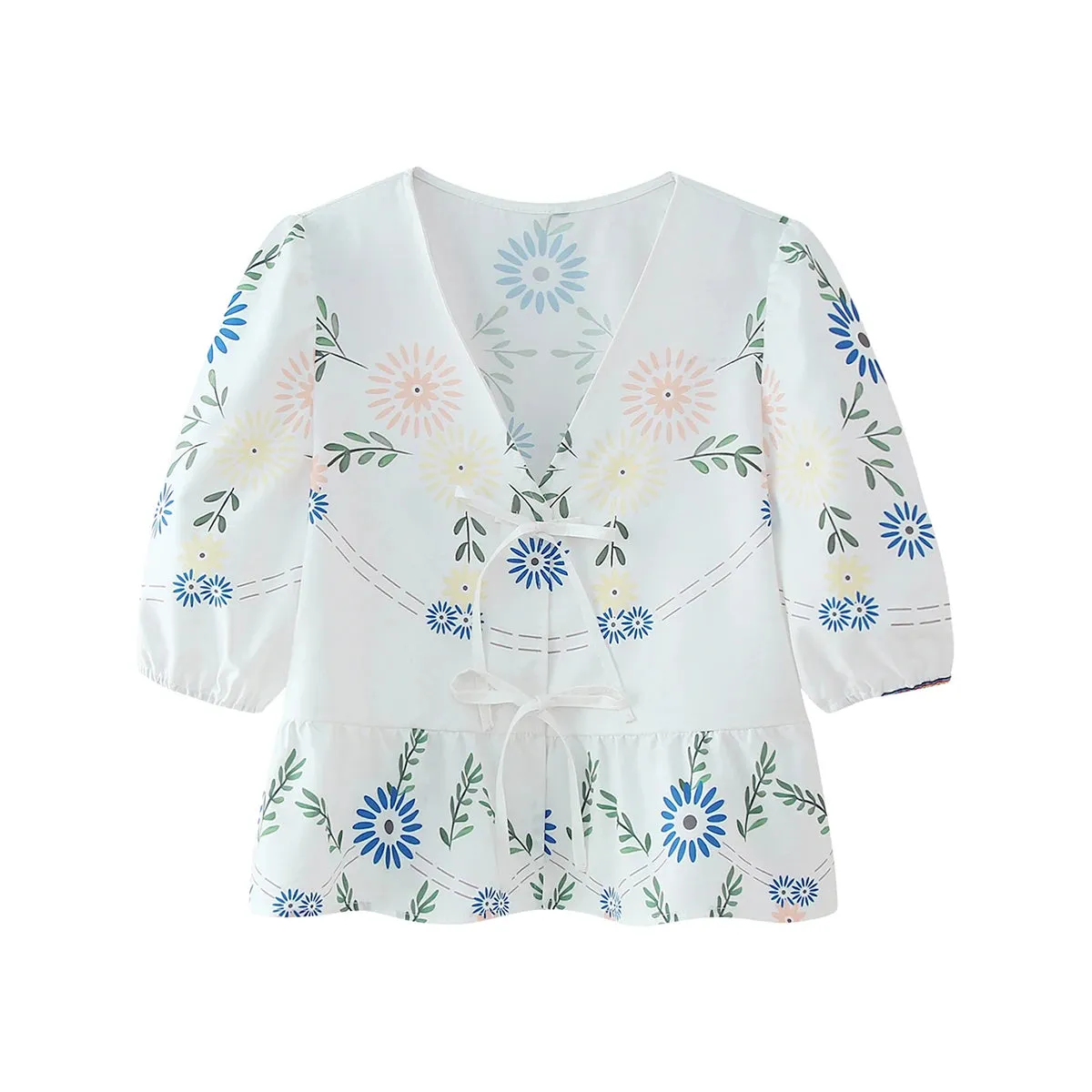Summer Leopard Lace-up Blouse - Women's Puff Sleeve Crop Top