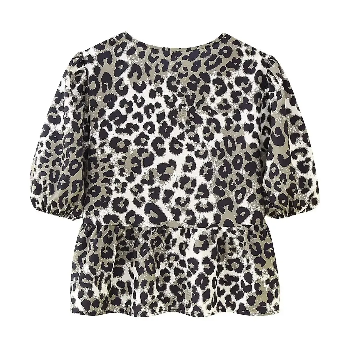 Summer Leopard Lace-up Blouse - Women's Puff Sleeve Crop Top