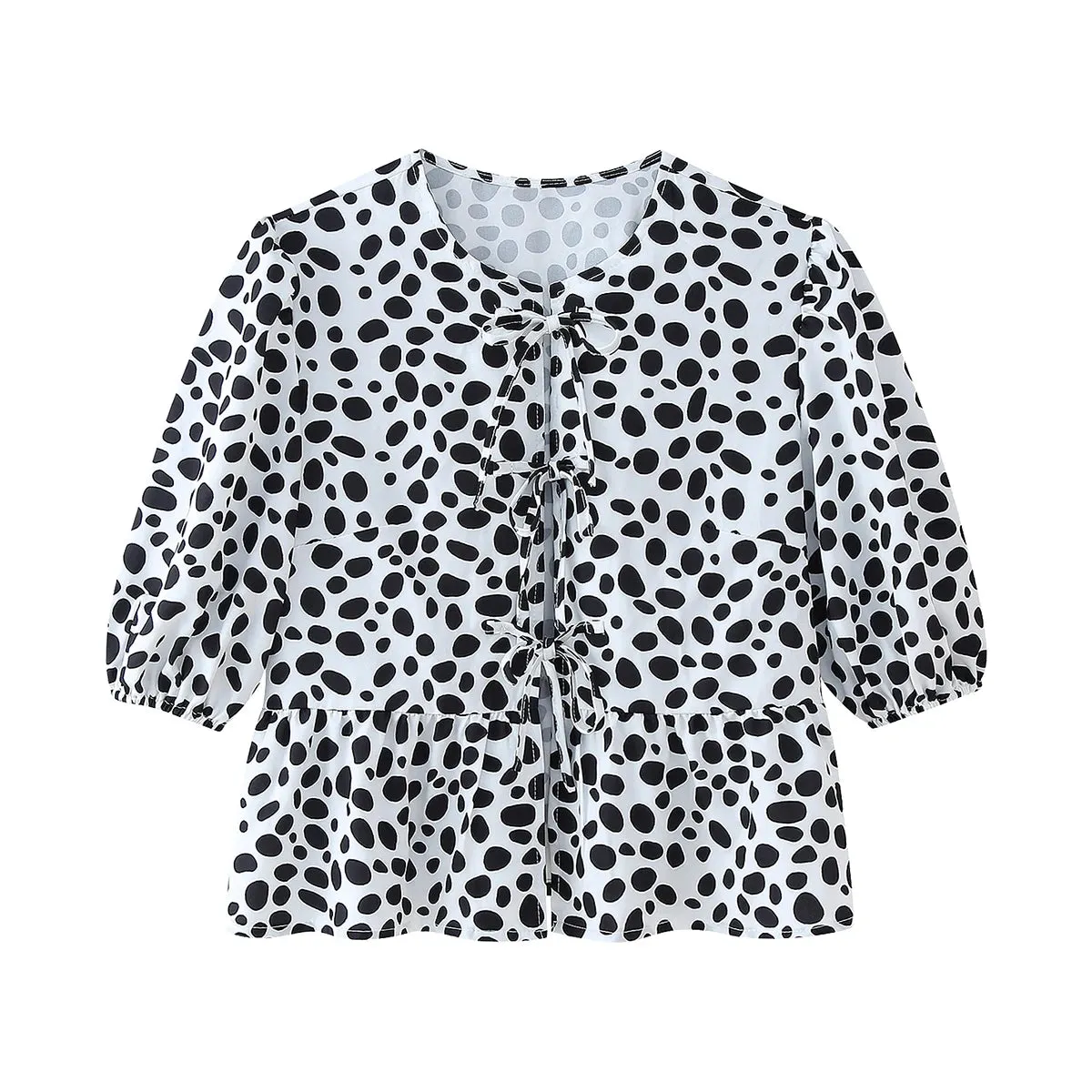Summer Leopard Lace-up Blouse - Women's Puff Sleeve Crop Top