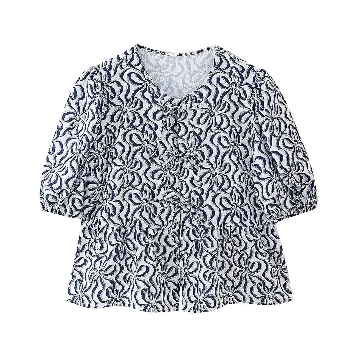 Summer Leopard Lace-up Blouse - Women's Puff Sleeve Crop Top
